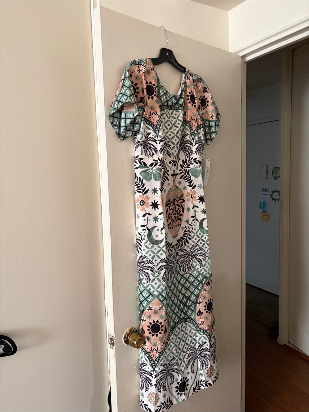 Botanical Print Puff Sleeve Maxi Dress in Green and Peach